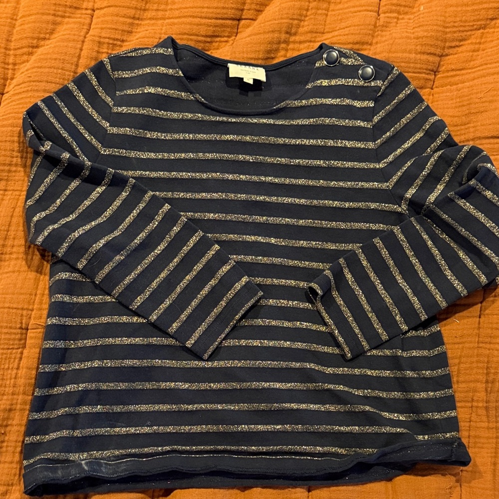 Sezane Navy Top with Metallic Gold Stripes